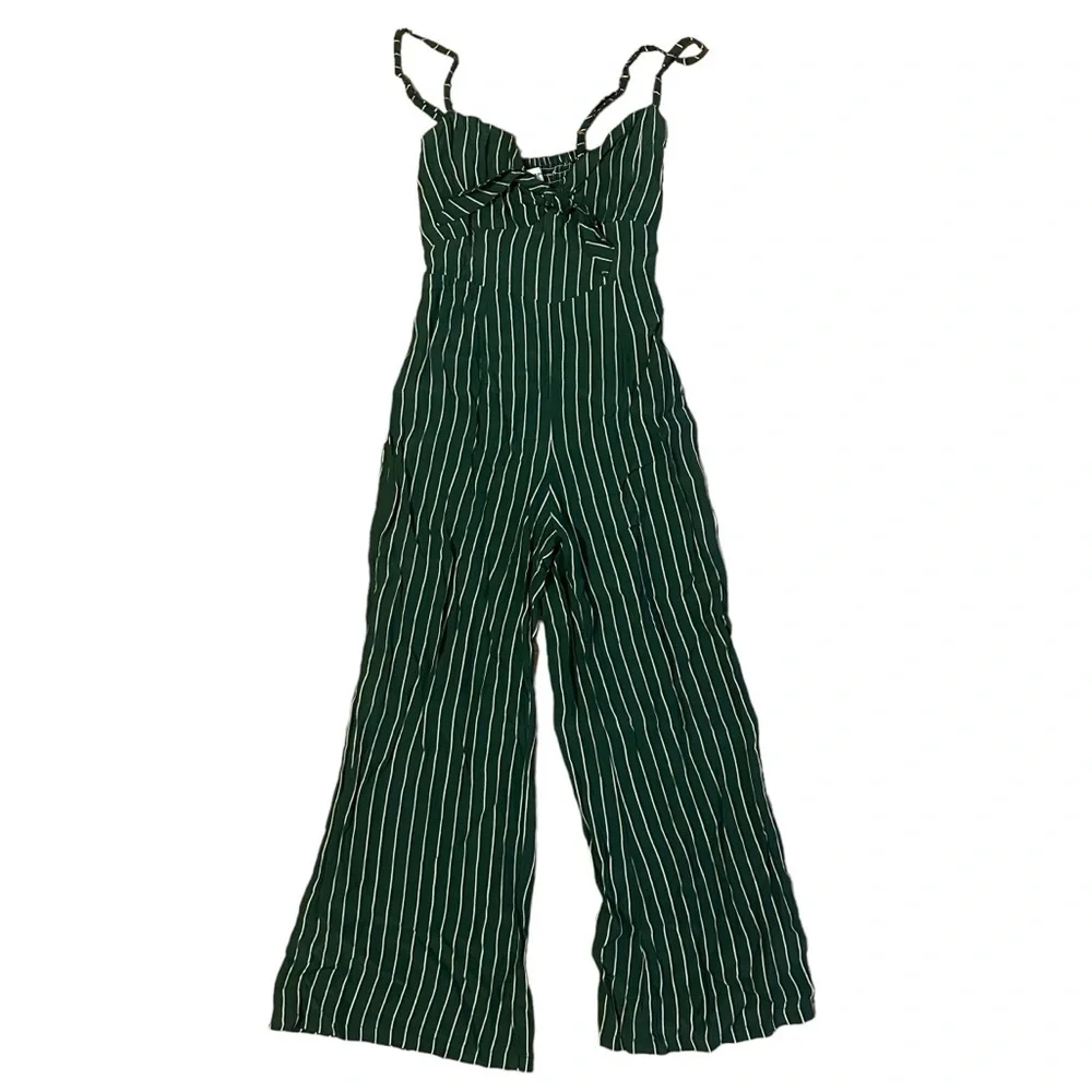 Faithfull The Brand Presley Green Striped Tie-Front Wide Leg Jumpsuit Size 2 - Picture 2 of 6